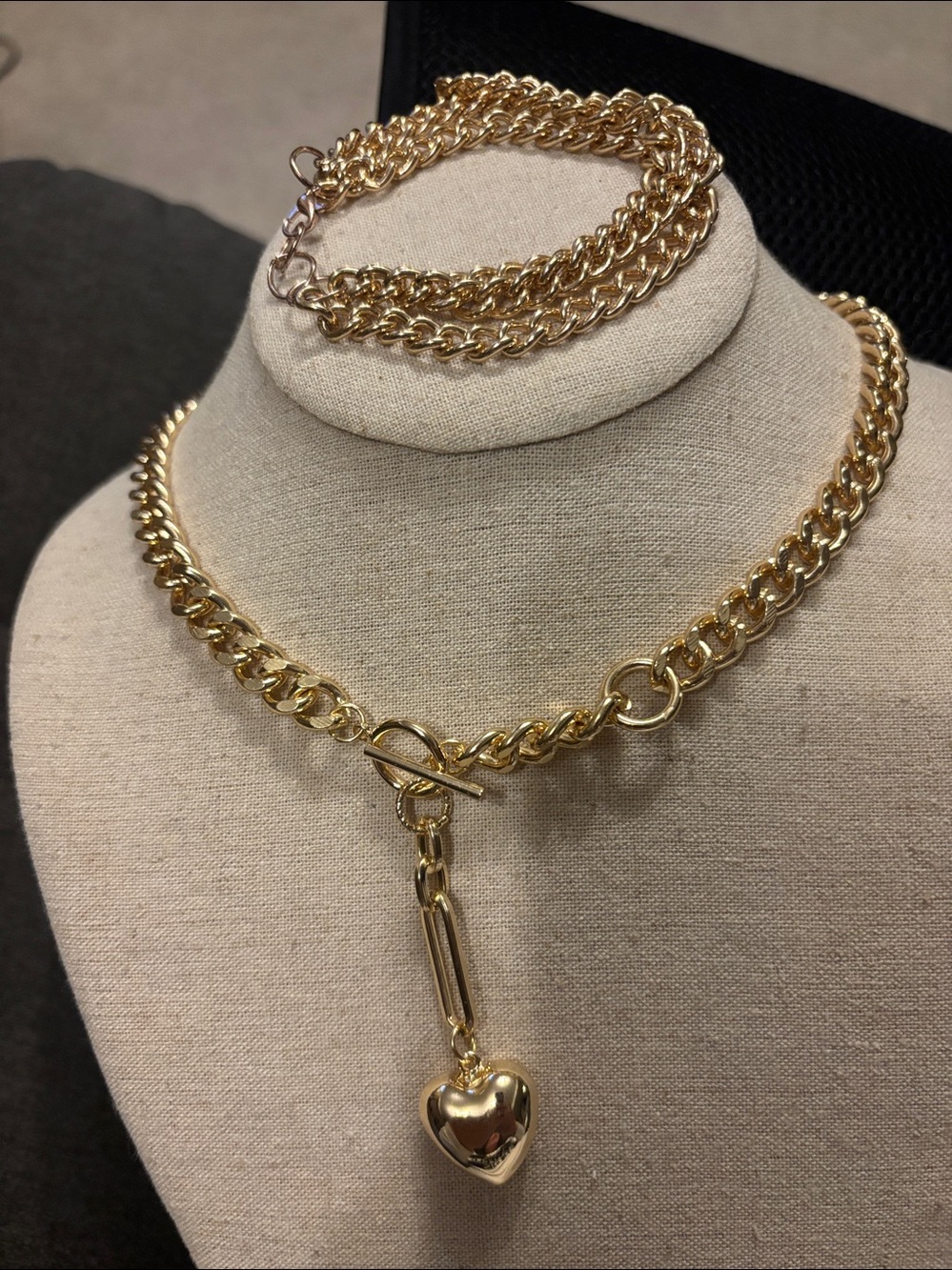 Bulk Boho Gold tone Heart Charm Chain Necklace and Bracelet Set - Women Jeweley